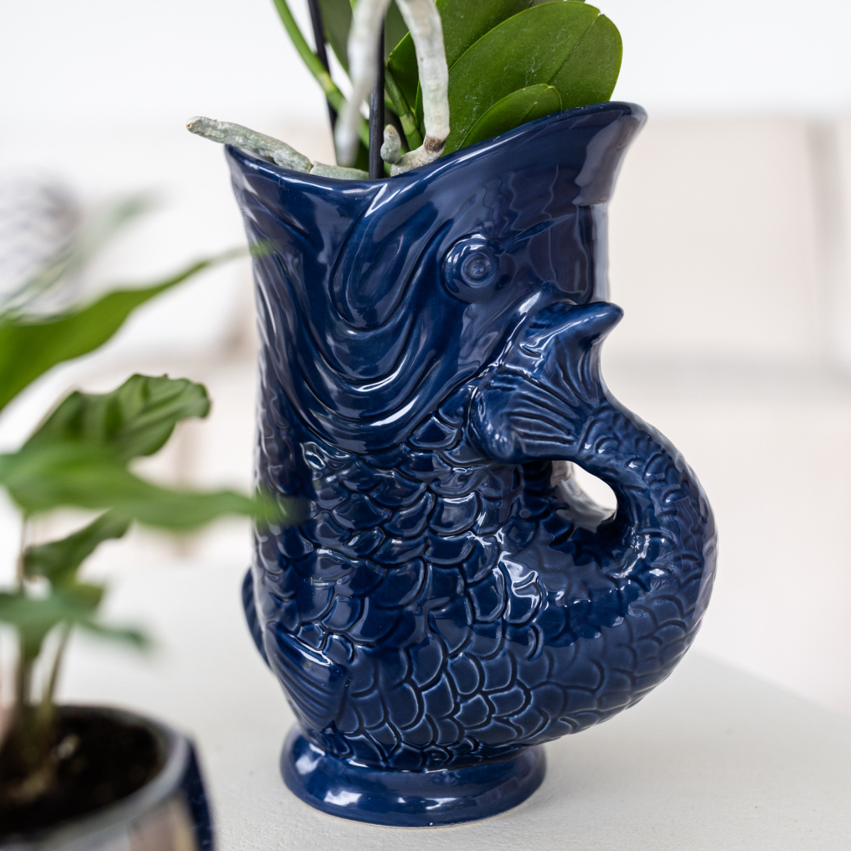 Blauwe Fish bloempot voor orchidee – keramische sierpot Ø9 cm