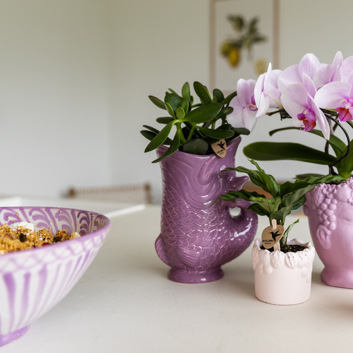 Lila Fish bloempot voor orchidee – keramische sierpot Ø9 cm
