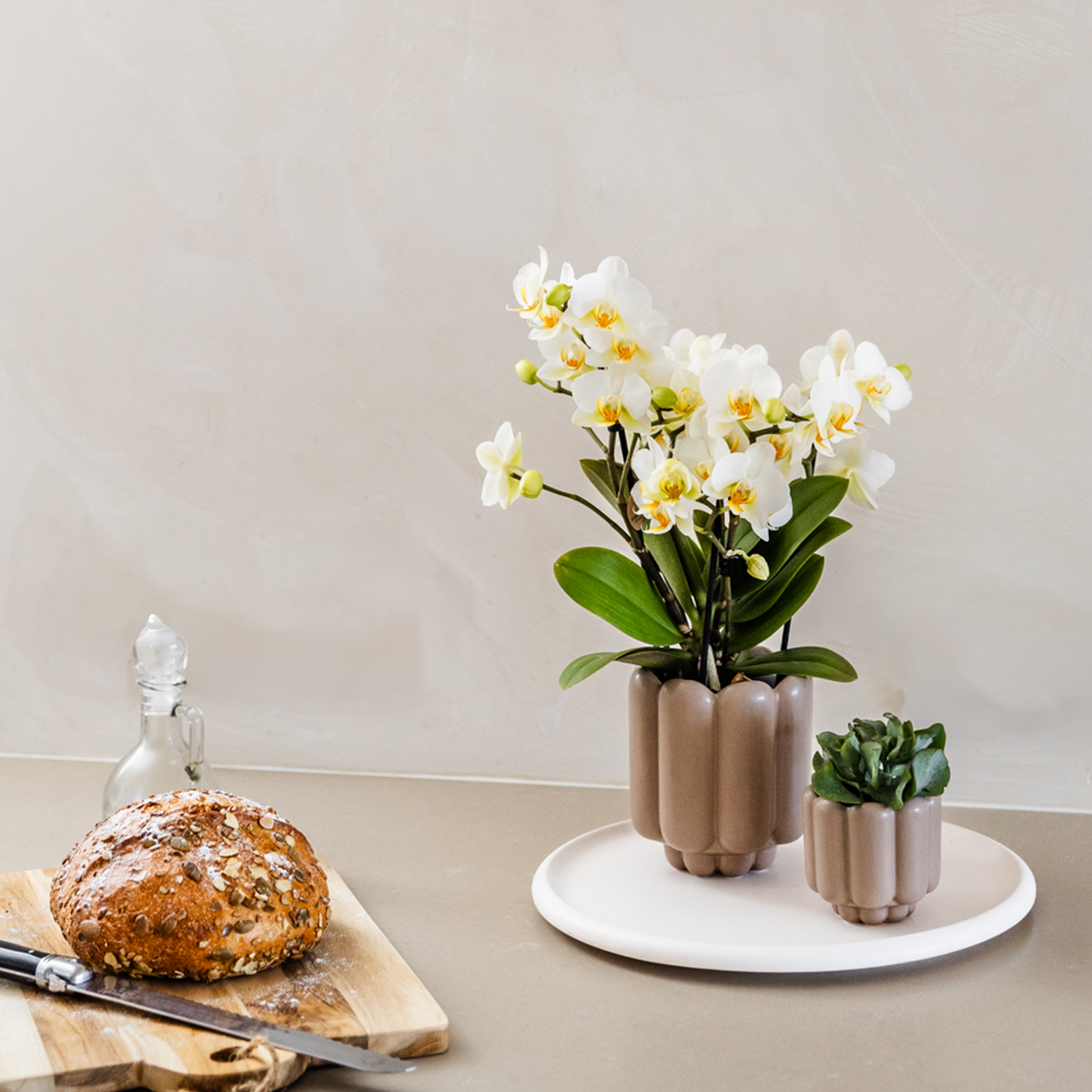 Zandkleurige Retro bloempot voor orchidee – keramische sierpot Ø9 cm