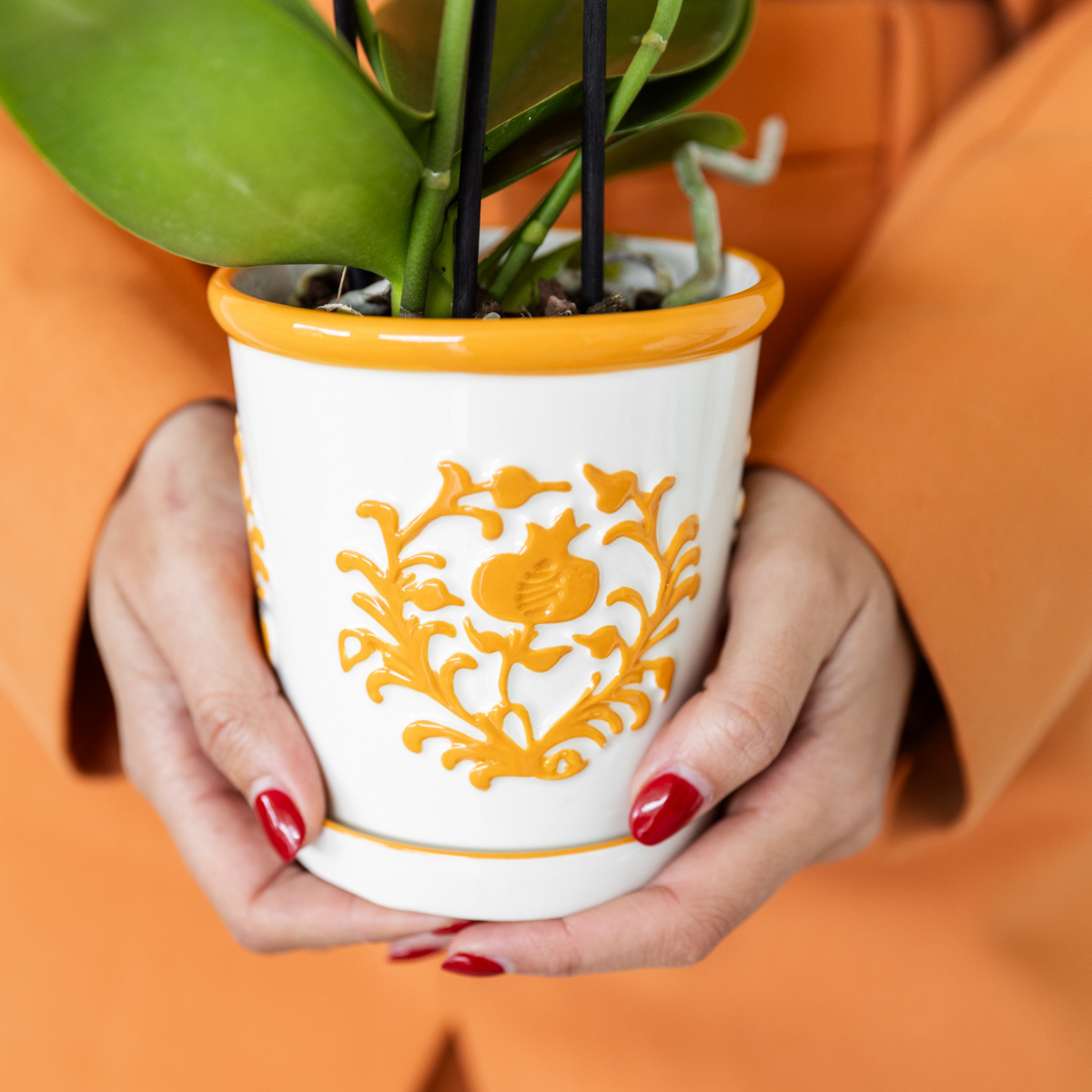 Oranje Malaga bloempot voor orchidee – keramische sierpot Ø9 cm