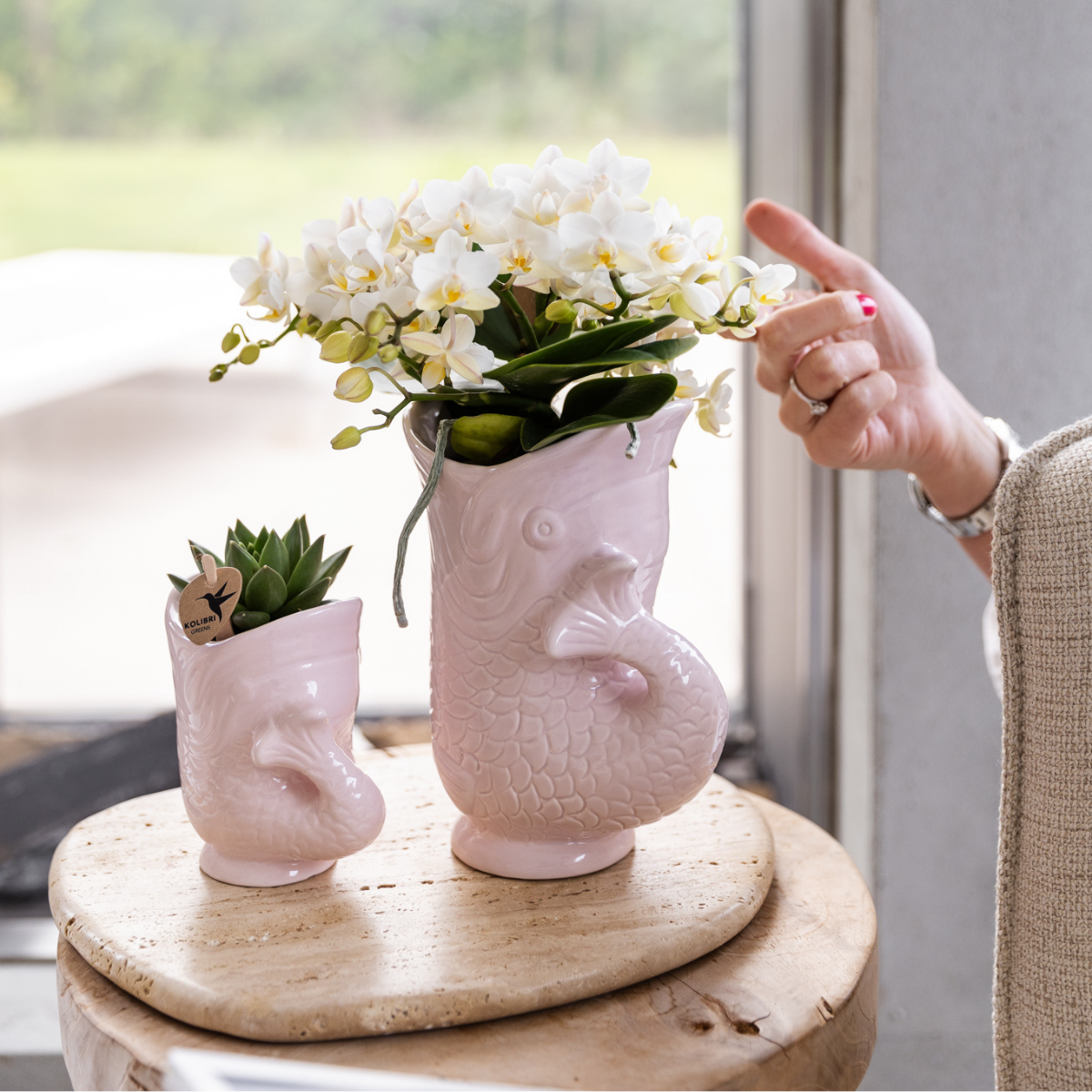 Roze Fish bloempot voor orchidee – keramische sierpot Ø9 cm