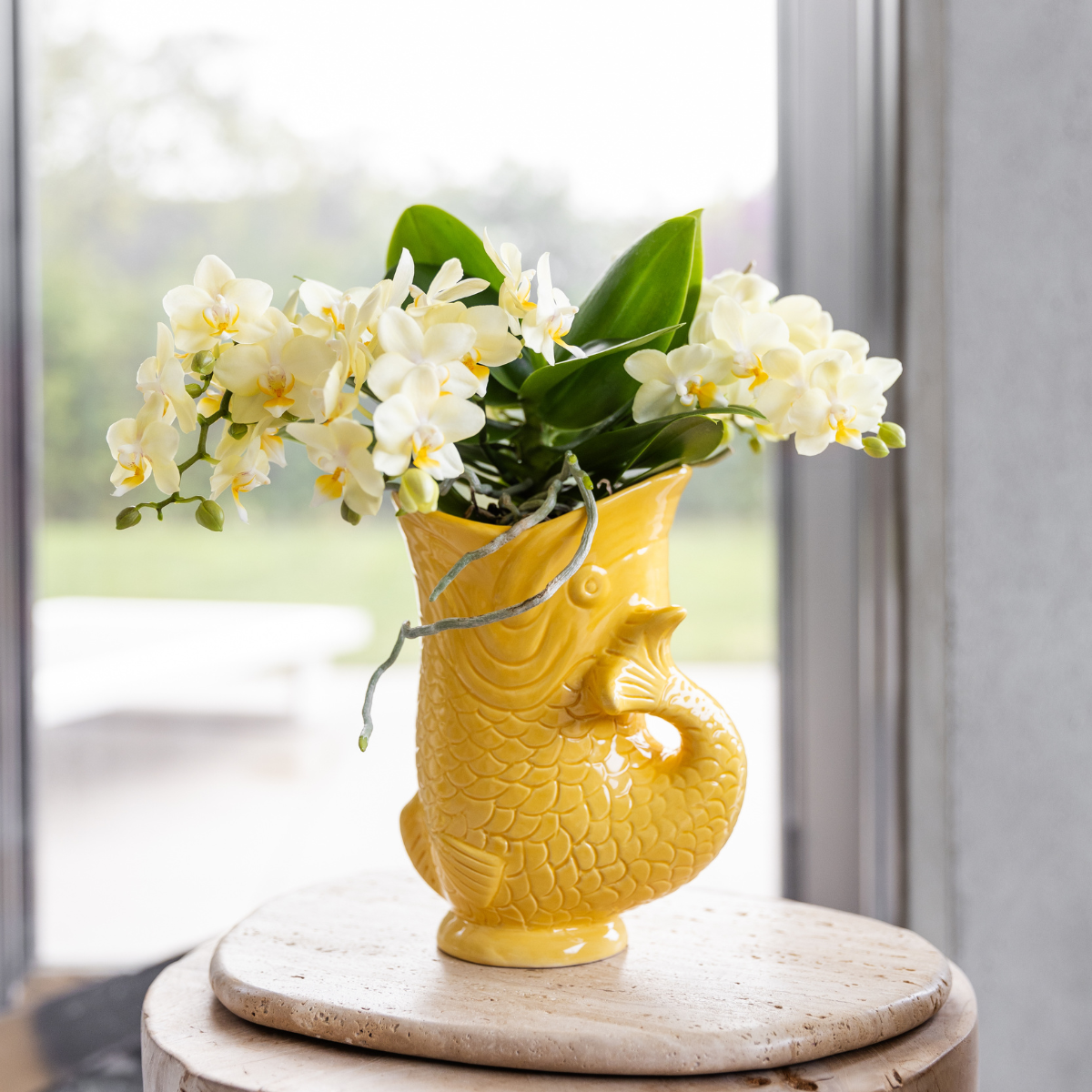 Gele Fish bloempot voor orchidee – keramische sierpot Ø9 cm