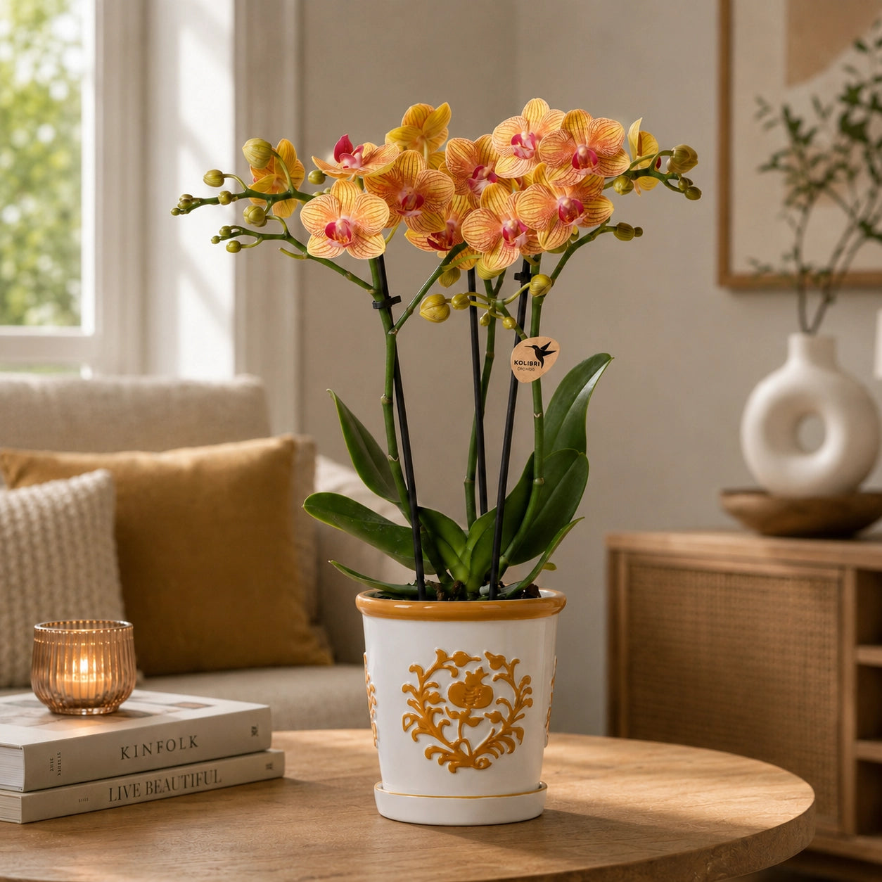 Oranje Phalaenopsis orchidee ‘Jamaica’ met Malaga sierpot – Ø9 cm