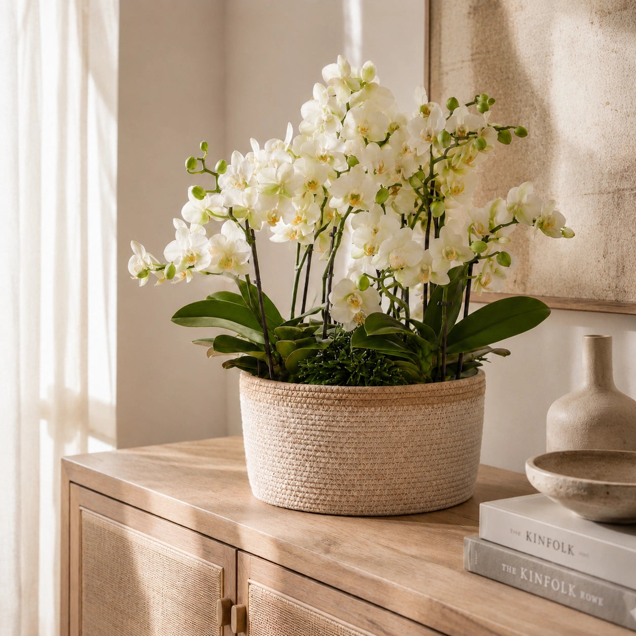 Plantenarrangement met 3 witte Phalaenopsis ‘Lausanne’ en 3 groene planten – Cotton mand met waterreservoir
