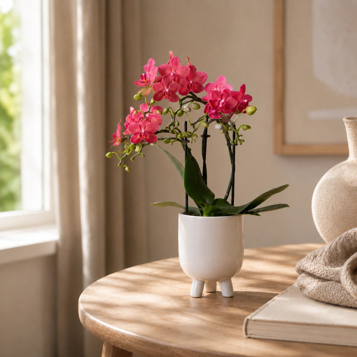 Rode Phalaenopsis orchidee ‘Congo’ met Gummy sierpot in travertine – Ø9 cm