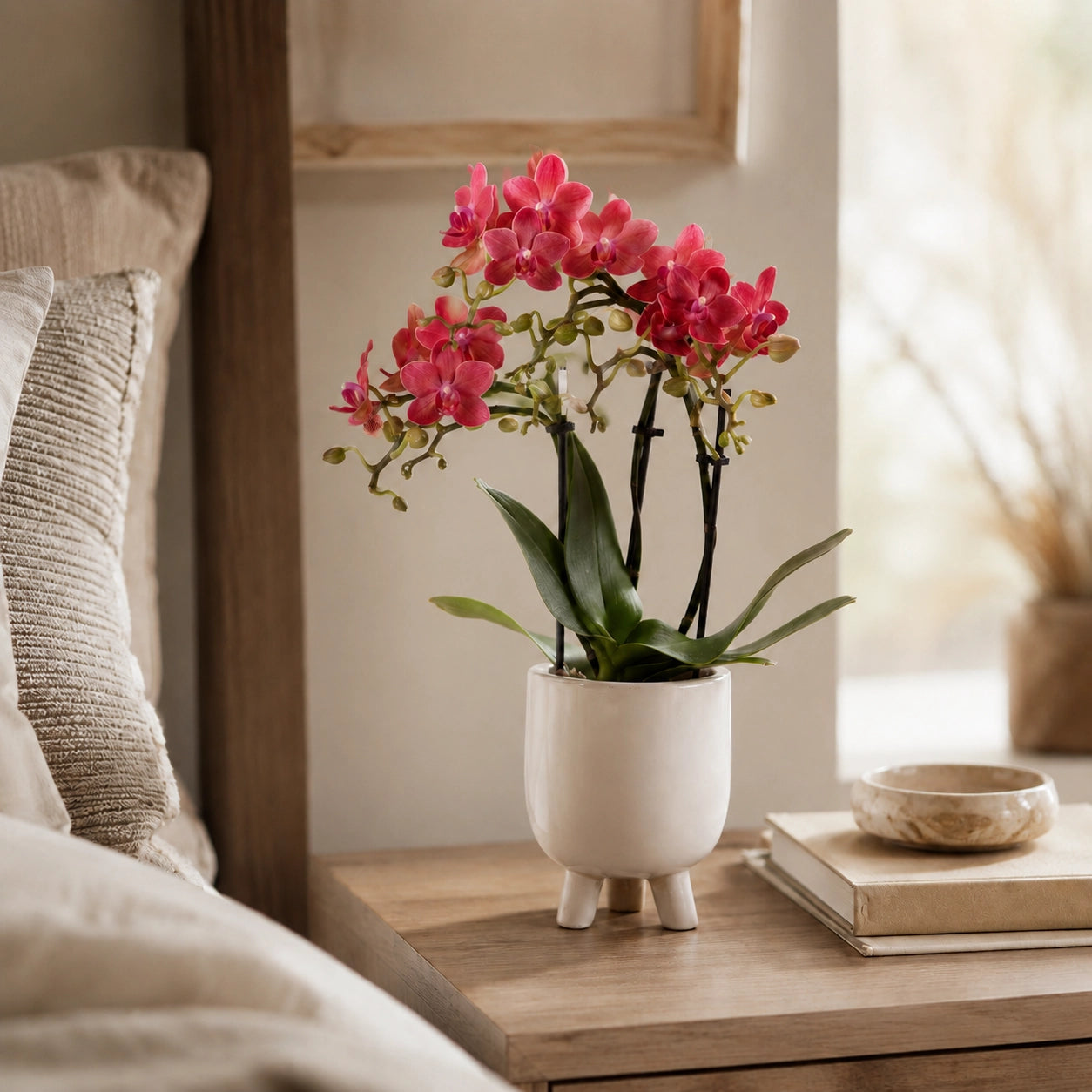 Rode Phalaenopsis orchidee ‘Congo’ met Gummy sierpot in travertine – Ø9 cm