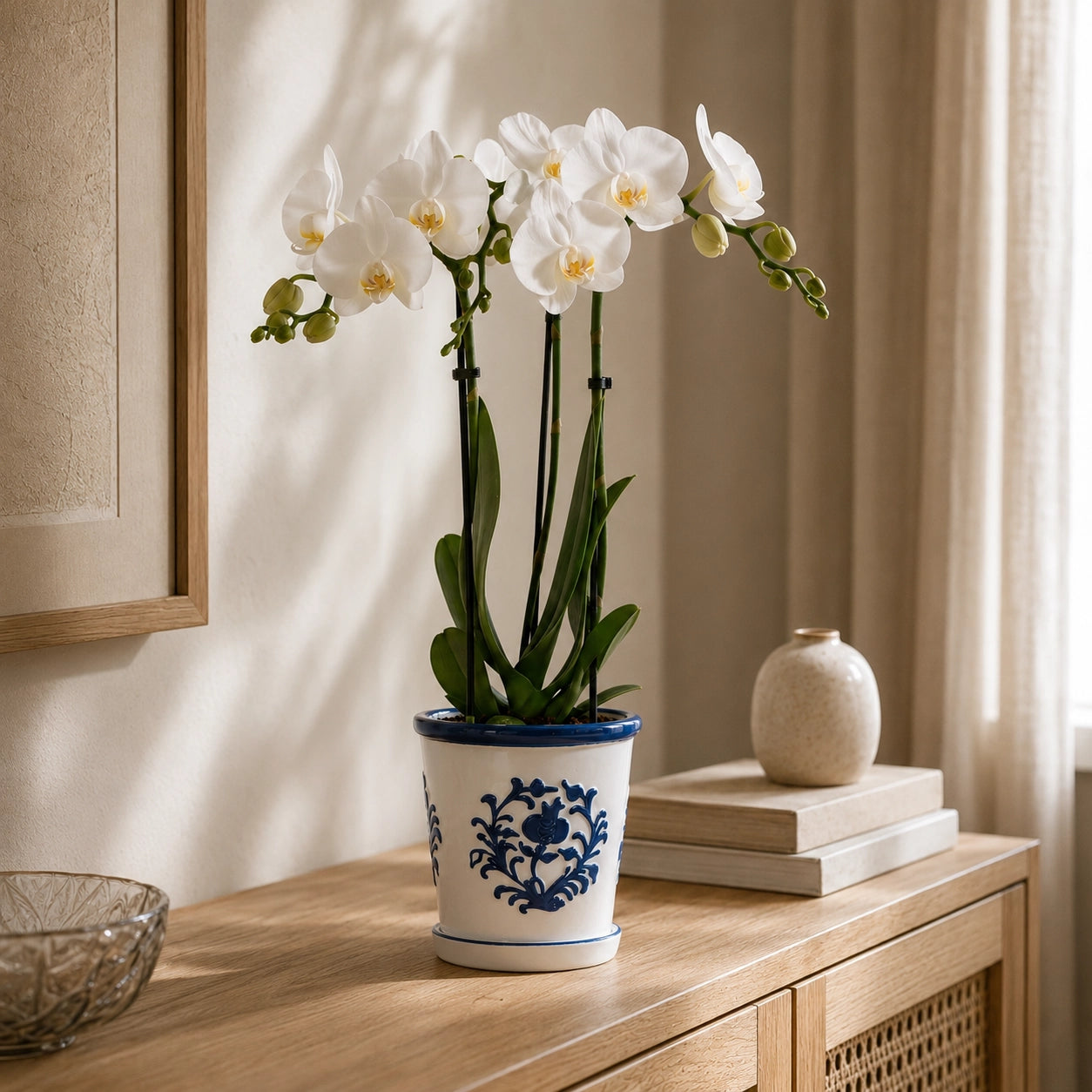 Witte Phalaenopsis orchidee ‘Amabilis’ met Malaga blauwe sierpot – Ø9 cm