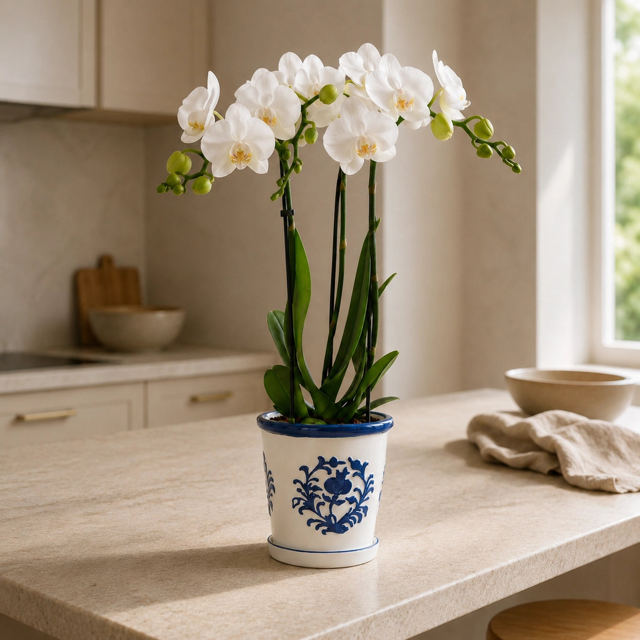 Witte Phalaenopsis orchidee ‘Amabilis’ met Malaga blauwe sierpot – Ø9 cm